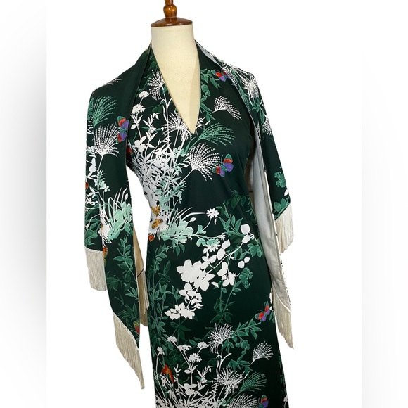 70s VTG Butterfly Maxi Dress and Fringe Shawl - Picture 5 of 17